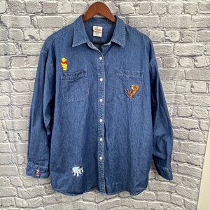 VTG Disney Store Winnie The Pooh Denim Button Up Shirt LS Embroidered Womens L